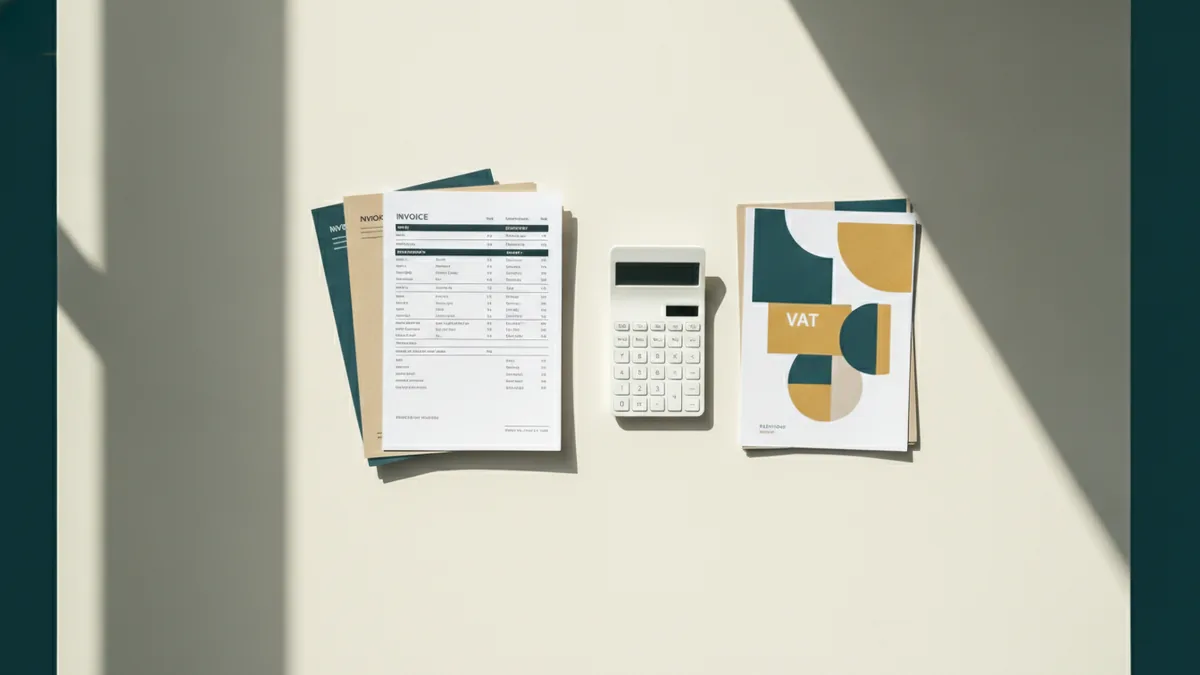 VAT accounting records and invoices VAT records and accounting papers arranged with calculator and invoice folders
